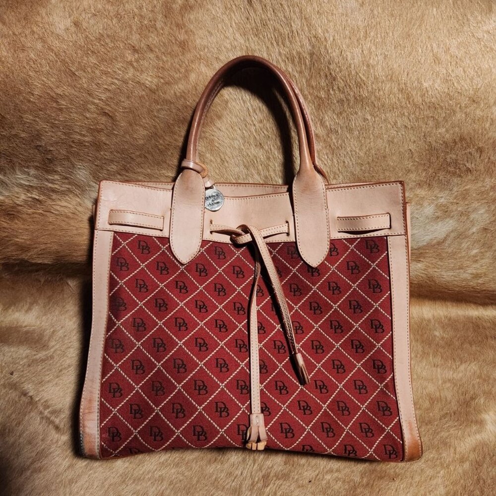 Dooney & Bourke Vintage Leather & Canvas Tote Bag Made In Italy Monogram Pattern